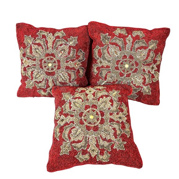 x3 Pier 1 Red Satin Heavily Beaded Geometric Snowflake Festive Pillows Holiday - Picture 1 of 12